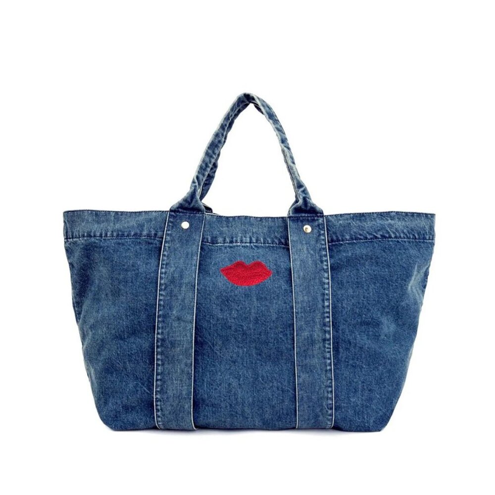 Clare V Giant Trop Oversized Denim Tote Bag Blue with Red Lips